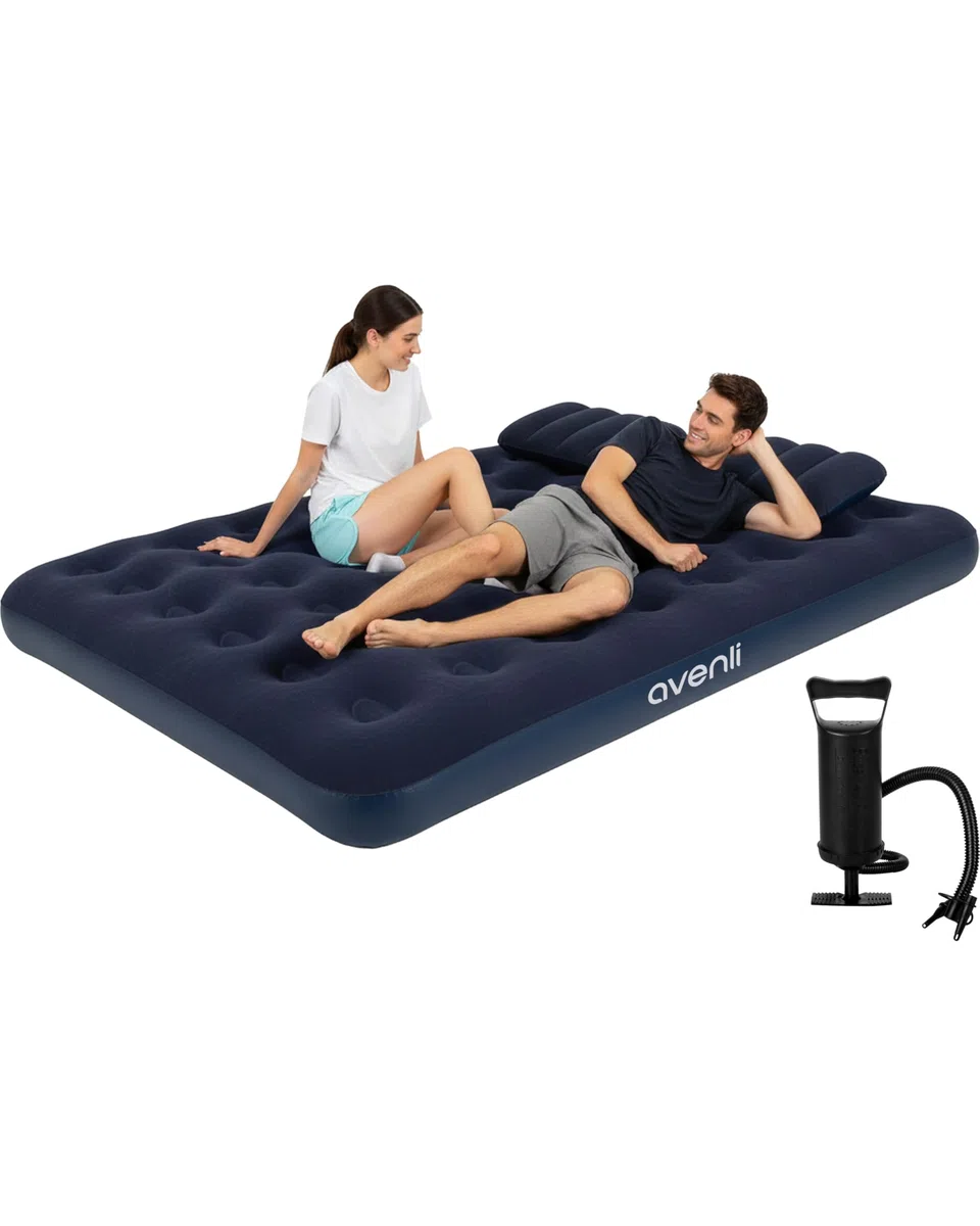 AVENLI Colchón Hinchable Queen-Size 203x152x22 cm, 2 Personas, Coil-Beam, con Bomba y 2 Almohadas, hasta 300 kg, Azul, Camping Cama supletoria Exterior – colchón Hinchable para 2 Personas