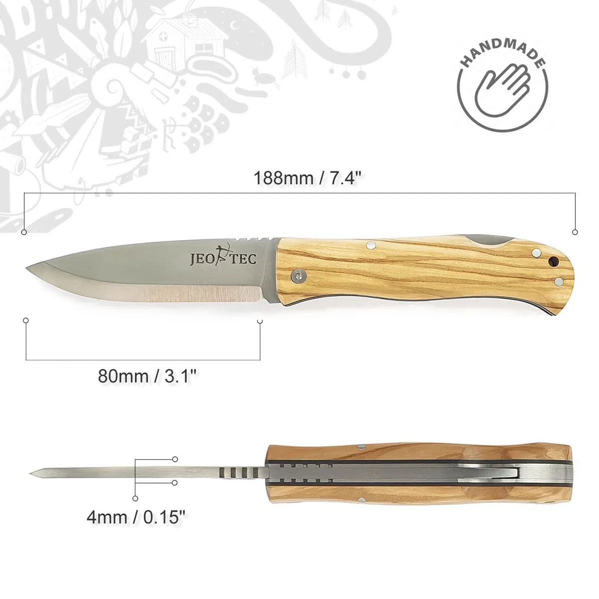 JEO-TEC Nº16 Navaja de Bolsillo para Bushcraft Supervivencia Acampada Caza Pesca Actividades al Aire Libre, Acero Inoxidable Sandvik 14C28N Scandi, Cuchillo Plegable Hecho a Mano en España