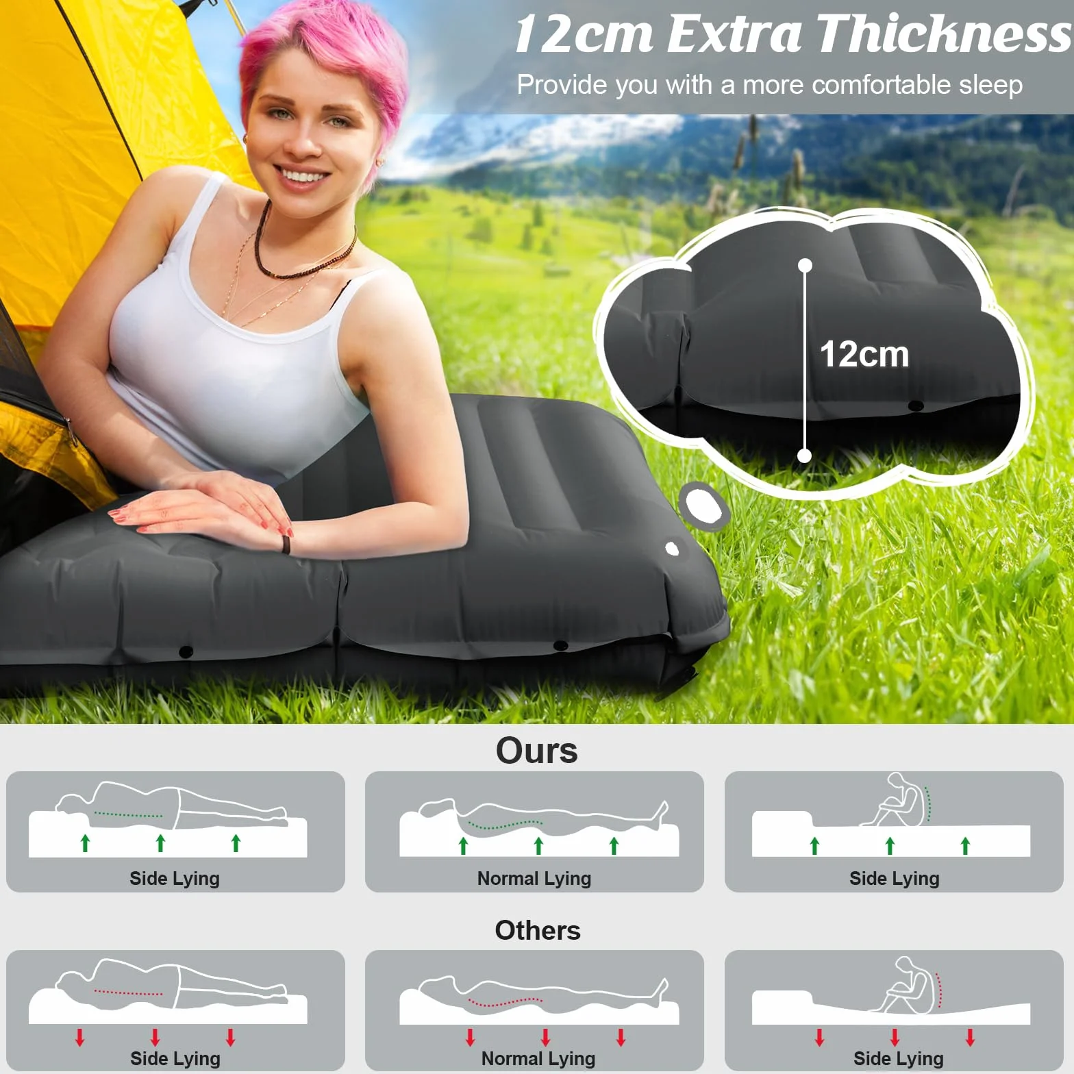 Colchoneta Hinchable Camping con Bomba de Pedal, 12cm Grosor Almohada Integrada - Esterilla Hinchable Camping Ultraportátil para Acampar, Senderismo, Exteriores