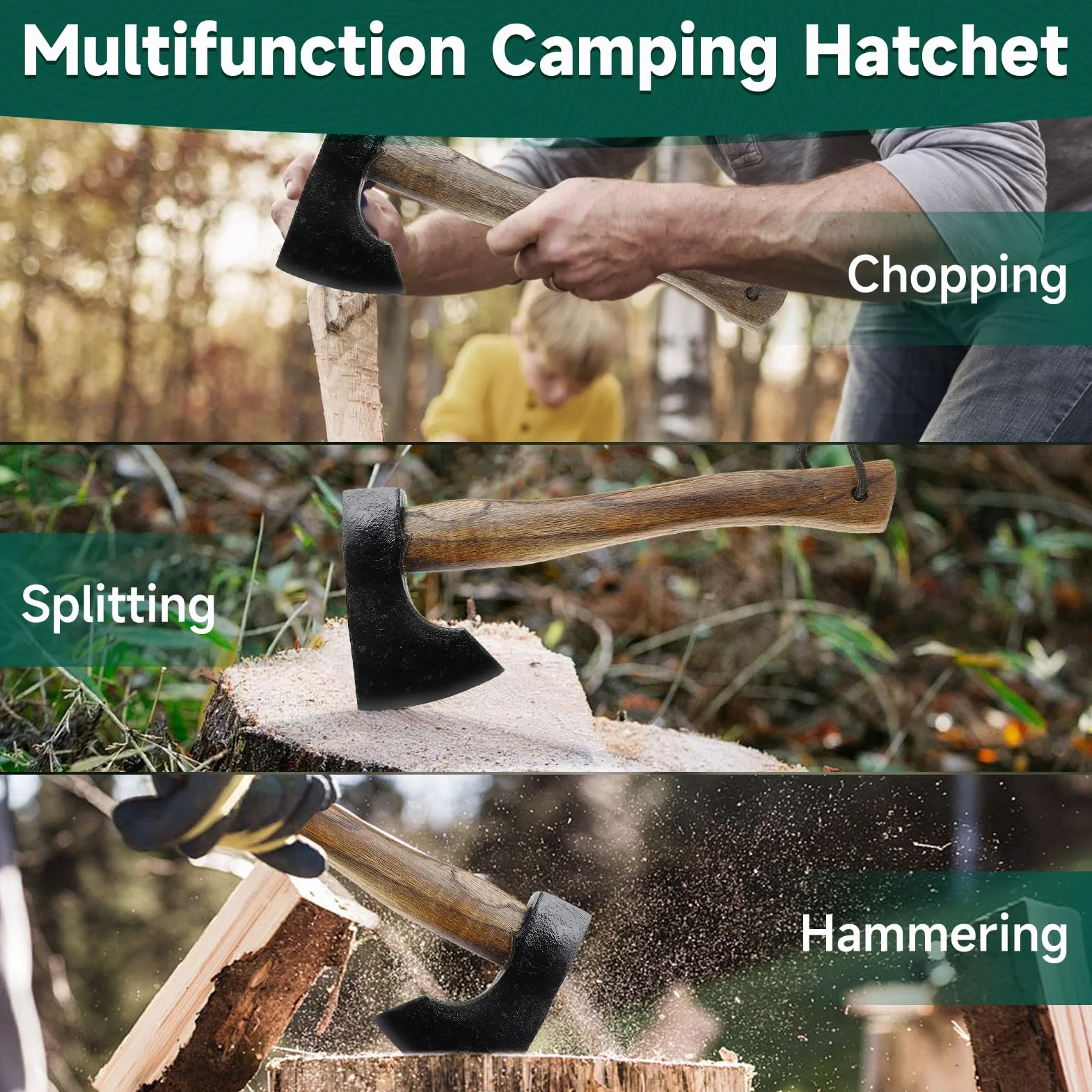 Hacha de Acampada de 12 Pulgadas,Hacha de Acero al manganeso 65,Hacha con Funda de Cuero para Cortar árboles y leña,Uso de Emergencia,Acampada al Aire Cortar Huesos Grandes