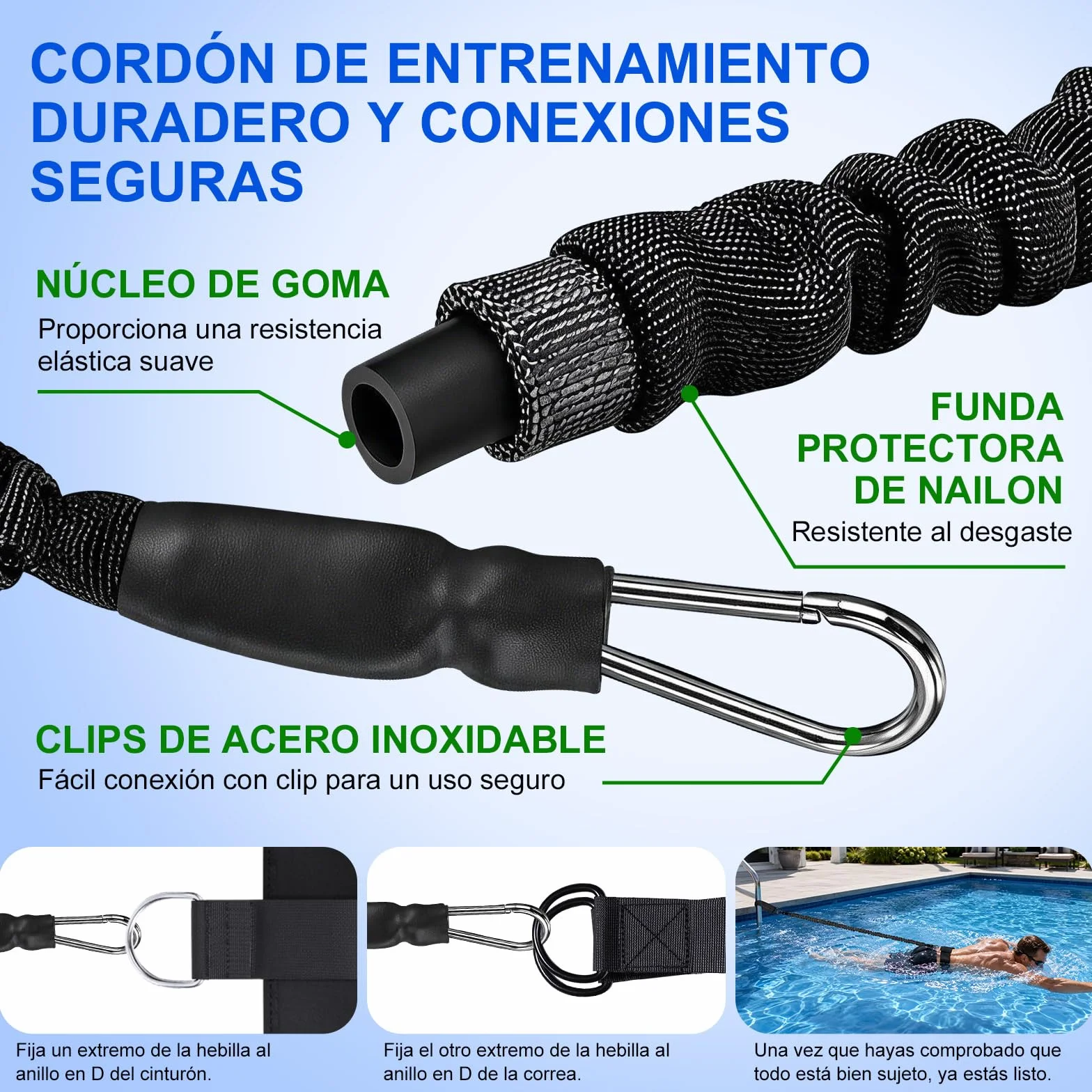 Cinturón de natación para piscina, ayuda de natación para adultos, resistencia ajustable 2,5-7,5 m