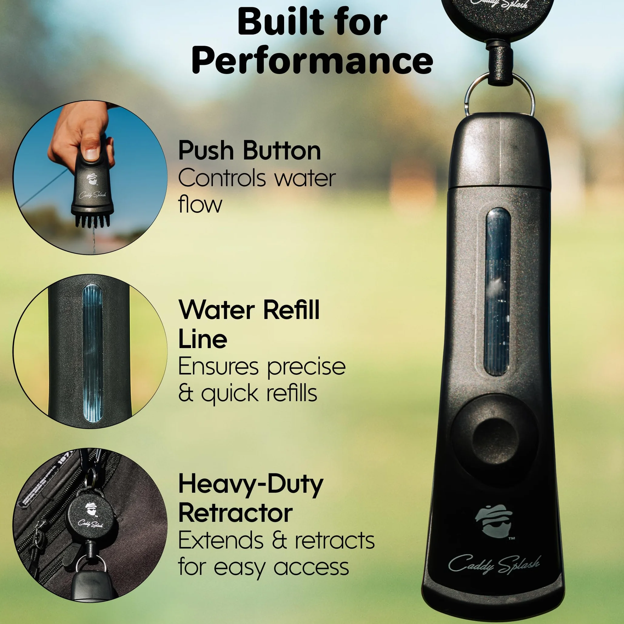 Caddy Splash Cepillo para Palos de Golf Pro con Agua (Negro) - Clip retráctil Resistente - Botón pulsador - Cerdas de Nailon - Capacidad 4 onzas