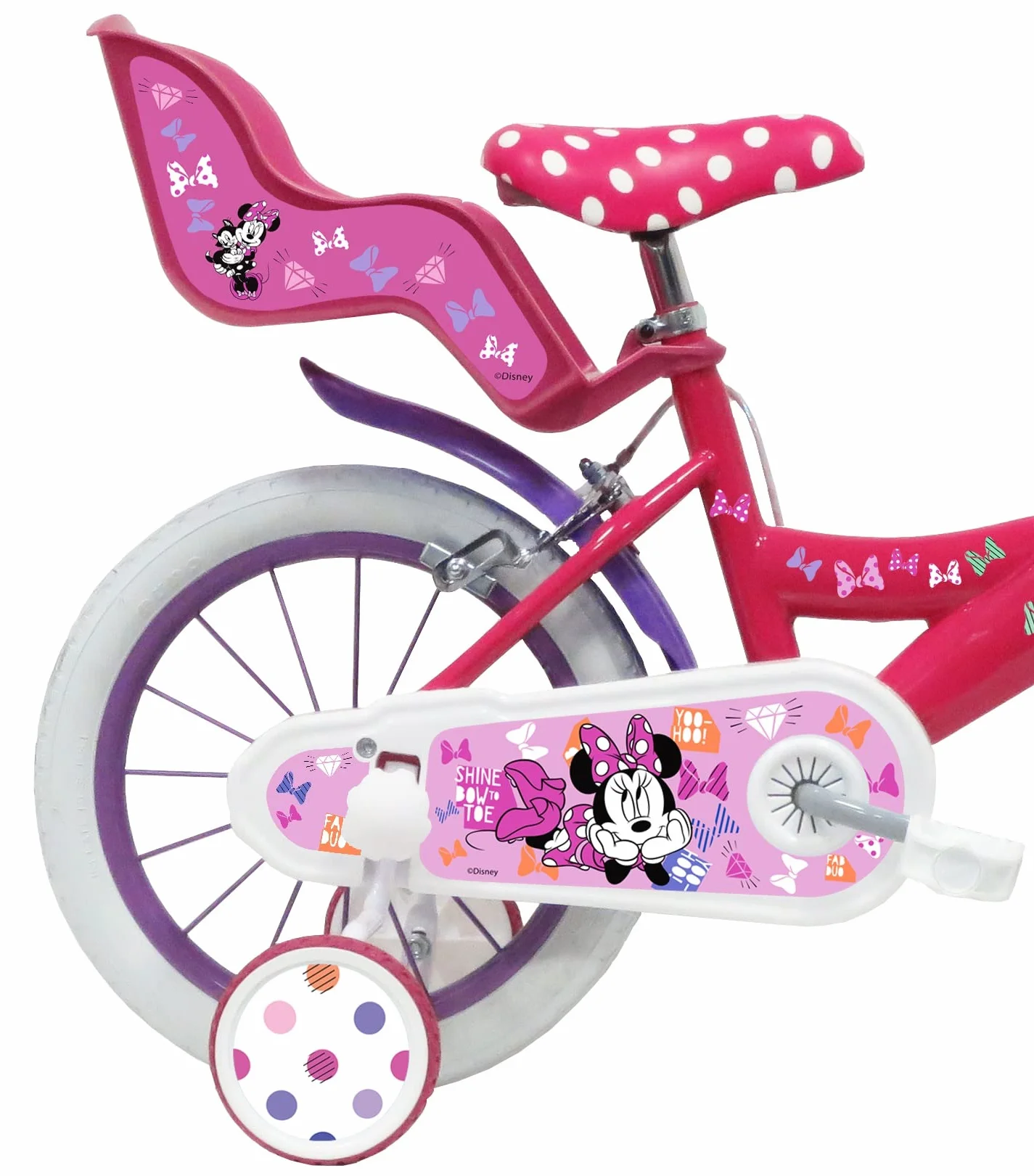 Bicicleta Infantil de 14 Pulgadas, niña Minnie/Disney Equipada con 2 Frenos, Soporte Trasero para muñecas, Cesta Delantera y Casco incluidos
