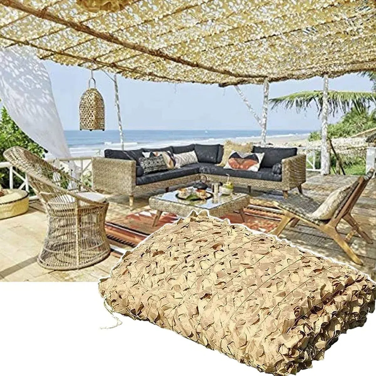 Red de Camuflaje, Red de Camuflaje Beige, Utilizada para Cazar Acampar Pérgola Terraza Cubierta de Automóvil Sombrilla Red de Sombra Liviana y Duradera(Size:2X6M/6.6X19.7FT)