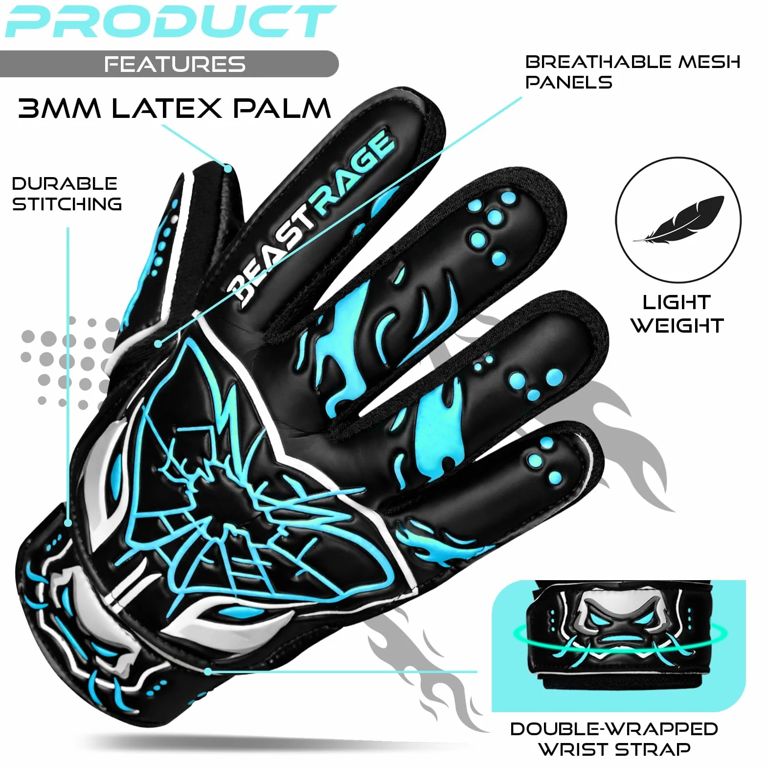 BEAST RAGE Guantes de Portero para niños-látex alemán Antideslizante Premium 3 mm + 4 mm Palma laminada,Retroceso Ligero 3+4 mm,Correa de muñeca Ajustable