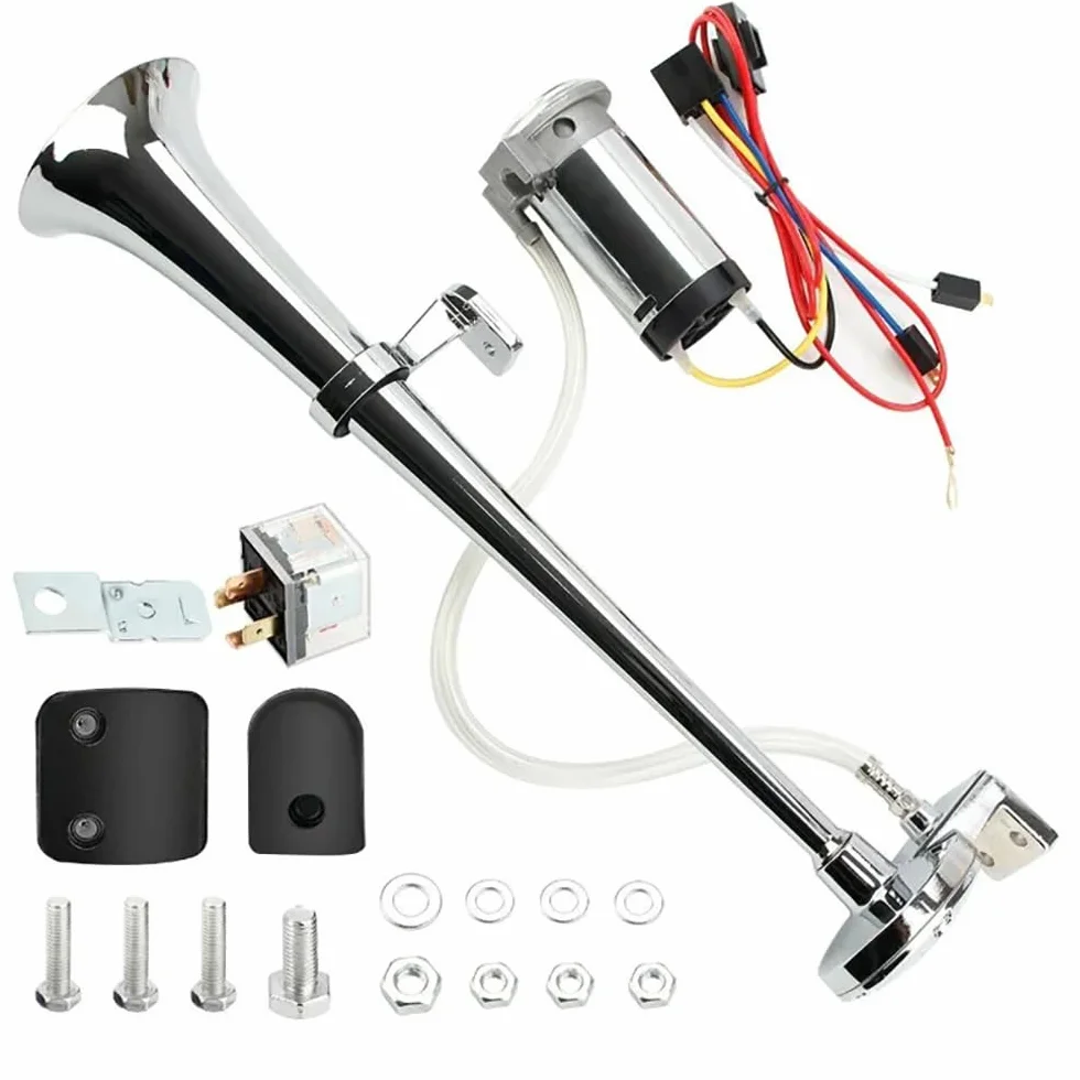 NEWFUN Bocina Aire Comprimido, Bocina Camion, Claxon Coche 12v Potente, Bocinas Musicales, para Coche Camión Coche Triciclo Barco Tren Etc （ Compresor ya Incluido en el Kit）