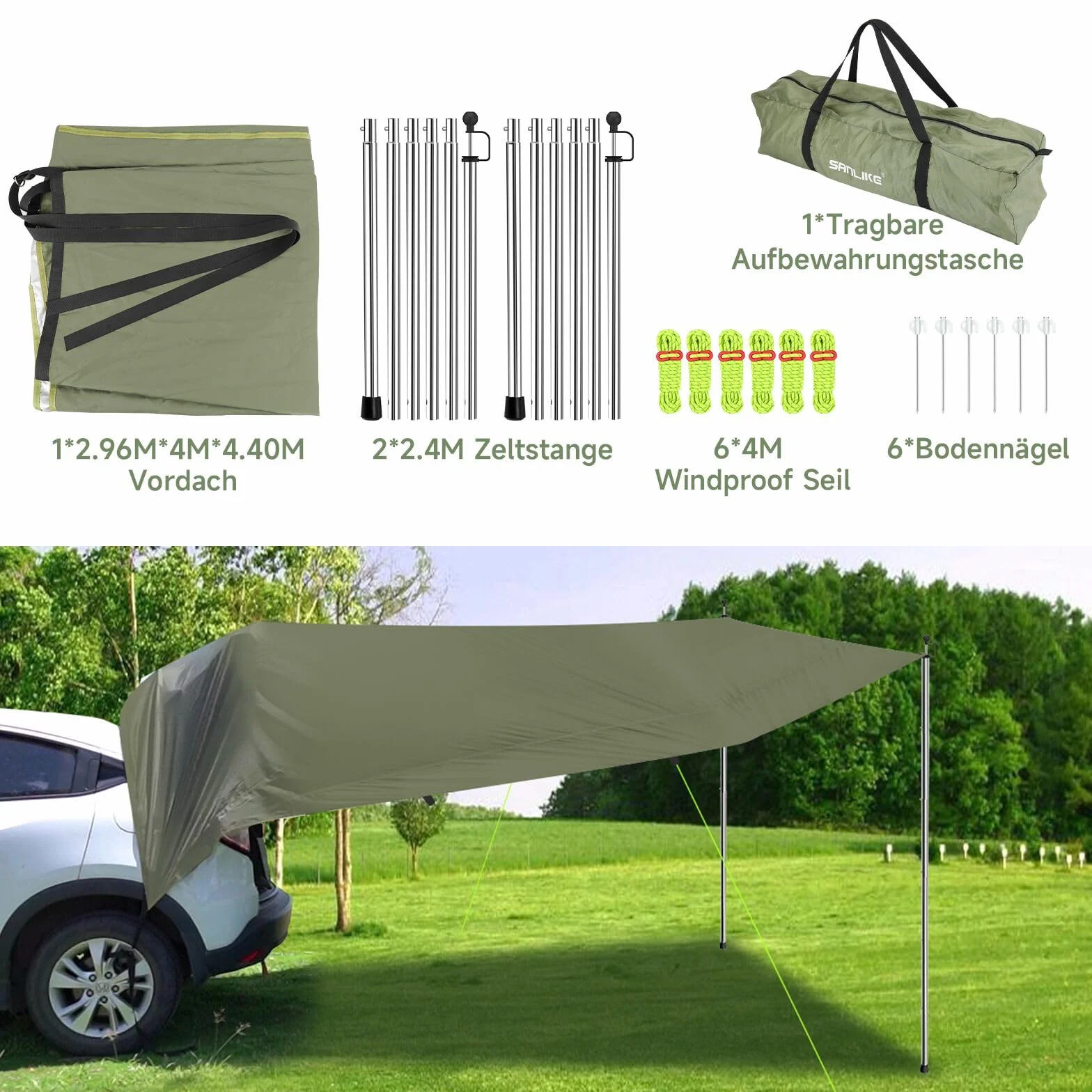 San Like Toldo Impermeable para Coche, Tienda de campaña para Techo, Tienda de campaña con Barra, toldo para Camping, toldo para autobús y Furgoneta, 2,96 m x 4 m x 4,40 m