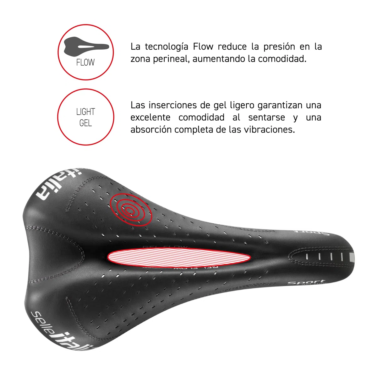 Selle Italia SPORT Gel Flow - Sillín Bicicleta Ciudad y Trekking con Agujero Anatómico y Cuadro Fec Alloy - Talla S2, Negro