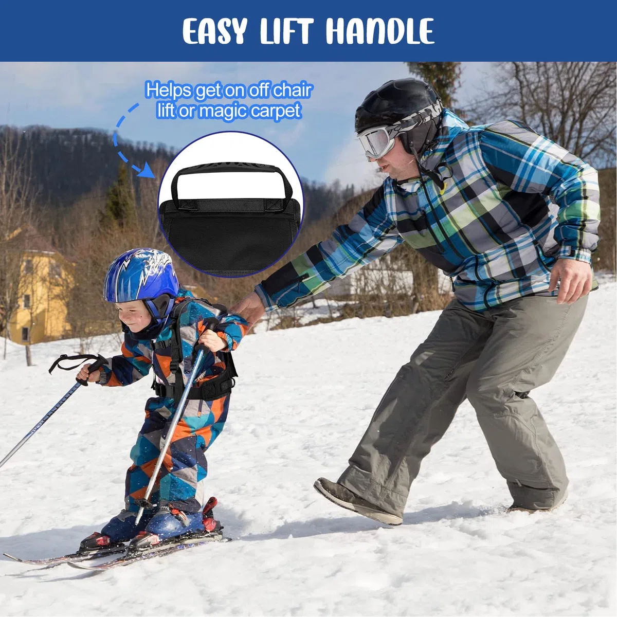 Odoland Arnés de Entrenamiento de Esquí y Snowboard para Niños, con Mochila, Cinturón de Seguridad Ajustable y Asa de Elevación Fácil, Niños Principiantes, Negro