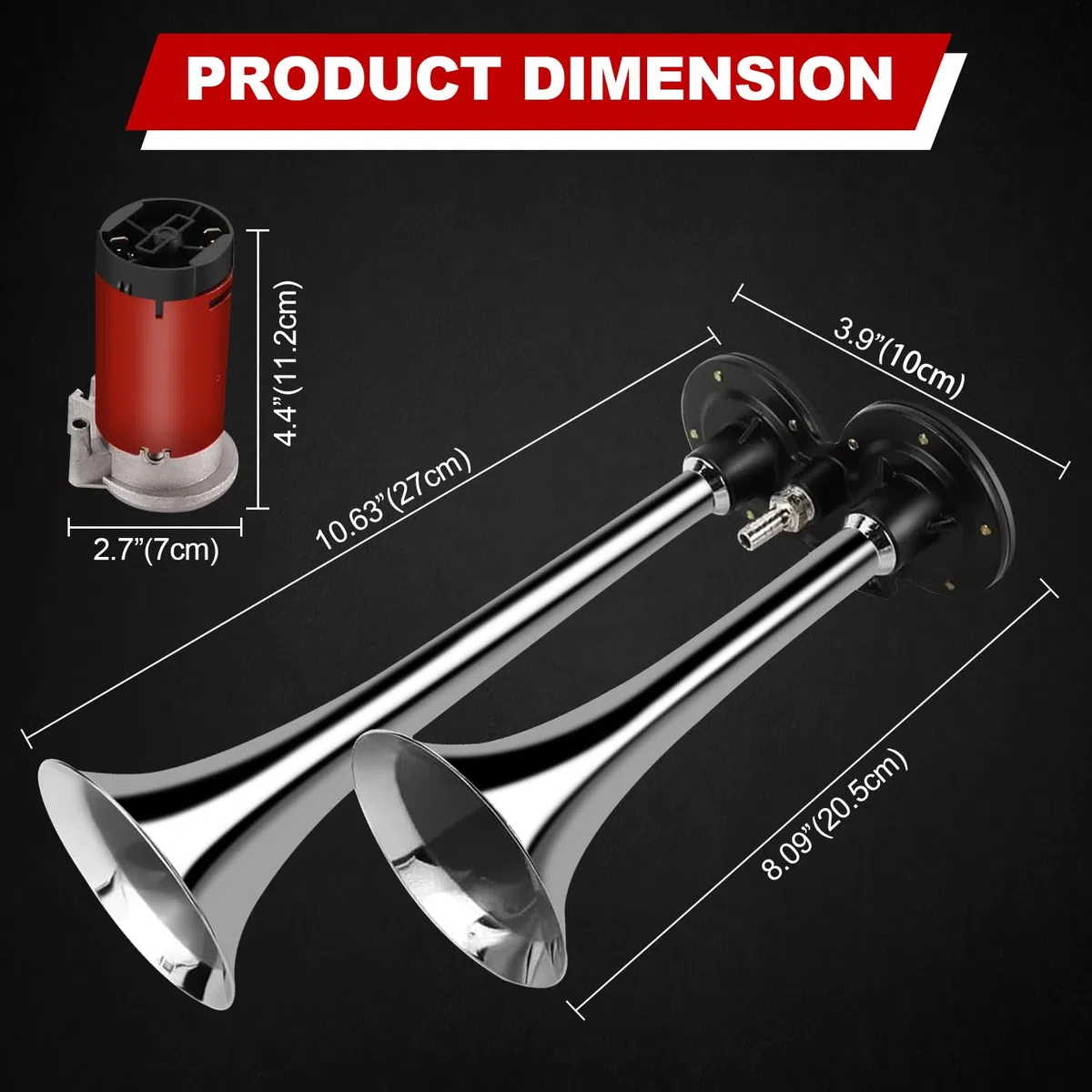 FreeTec Bocina de aire 12V/150dB 290mm Súper Loud Dual Trompeta Air Horn Compressor Kit para coche para moto barco camión tren