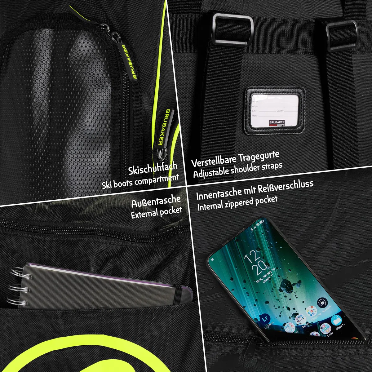 BRUBAKER Súper campeón de esquí Bolsa para el Casco Bolsa de la Mochila con Compartimiento para los Zapatos - Negro/Amarillo neón