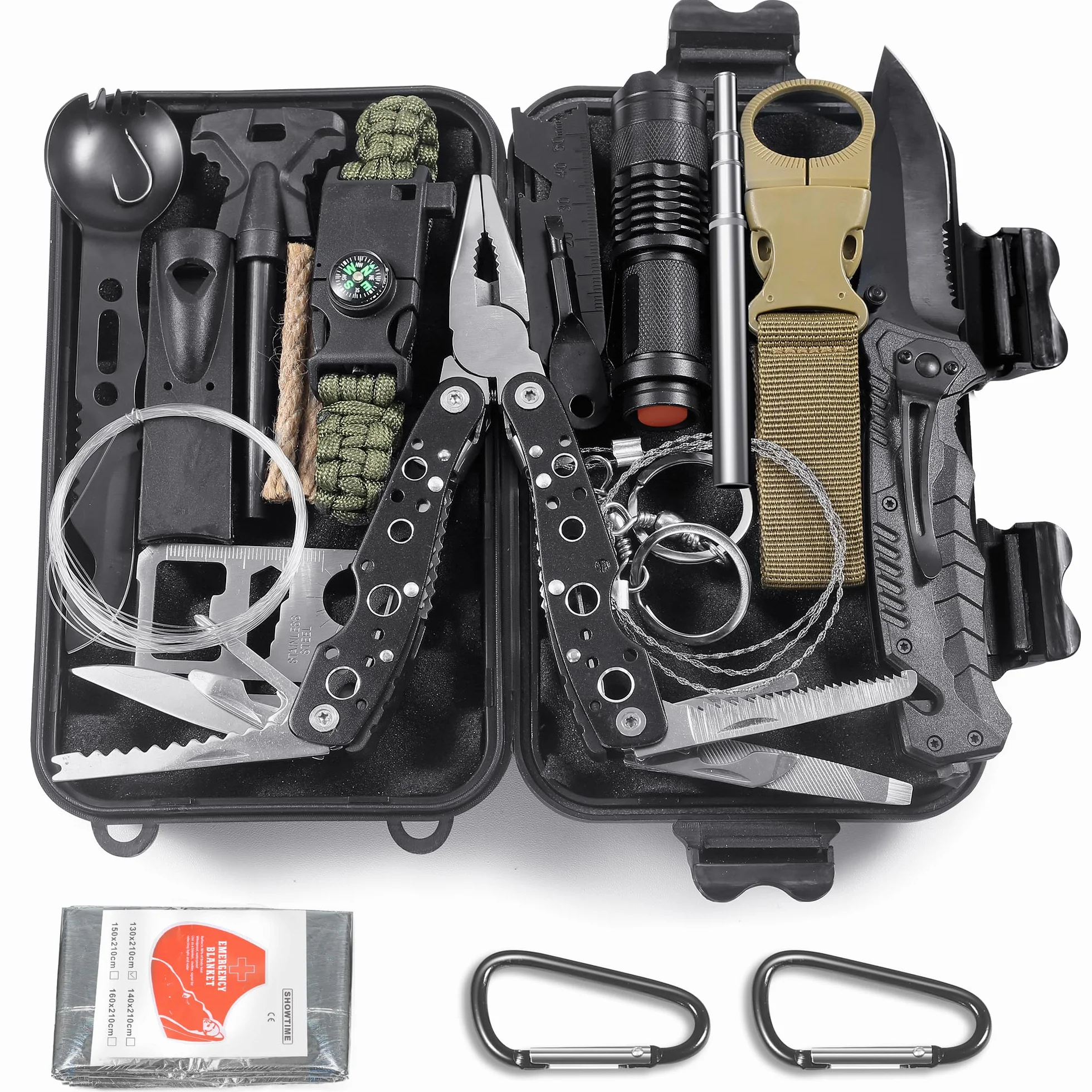 14 en 1 Multifuncional Kit de Supervivencia Bolsa - Profesional Paquete de Herramientas con Manta de Emergencia para Viajar Caminar Acampar al Aire, Montañismo,Senderismo,Caza, Apagón