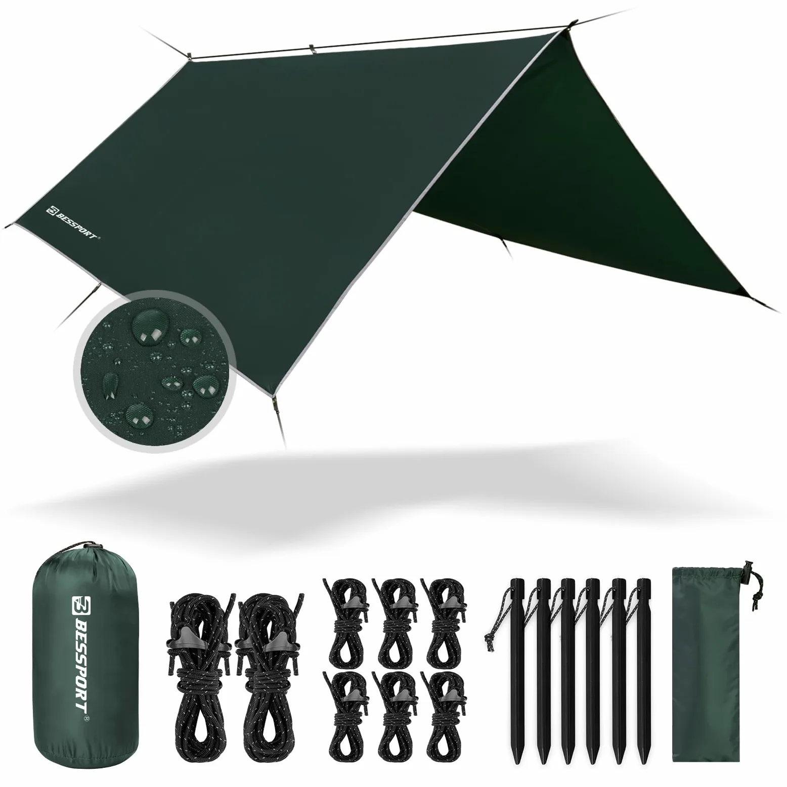 Bessport Toldo de Refugio Impermeable 3M*3M, Impermeable PU 3000mm, UV 50+ Protección Tienda de Campaña Tarp, Adecuado para Acampar al Aire Libre Tienda Playa Hamaca
