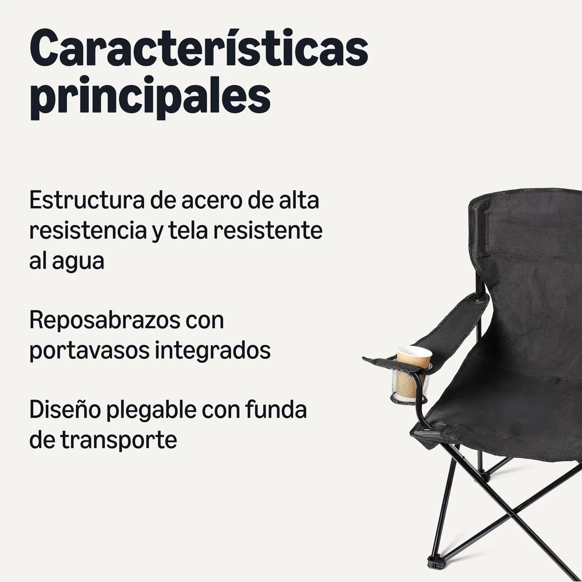 Amazon Basics Silla de Camping Plegable Portátil con Portavasos - Silla de Exterior con Marco de Acero, Resistente al Agua, con Bolsa de Transporte - 72,5cm x 52,5cm x 93,2cm - Negro - Pack de 2