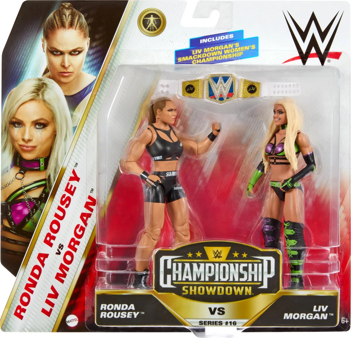 Mattel WWE Championship Showdown - Juego de 2 figuras de acción y accesorios, serie #16 Ronda ROusey vs Liv Morgan, 6 pulgadas