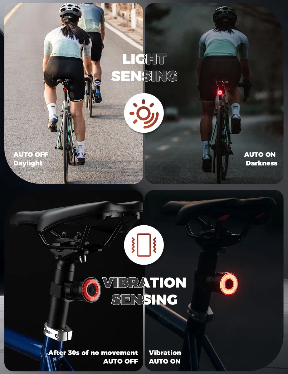 ROCKBROS Luz Trasera de Bicicleta Inteligente con Sensor de Frenado, Luz de Seguridad USB Recargable Impermeable IPX6, Aleación de Aluminio, 4 Modos de Iluminación para Seguridad Nocturna en Ciclismo