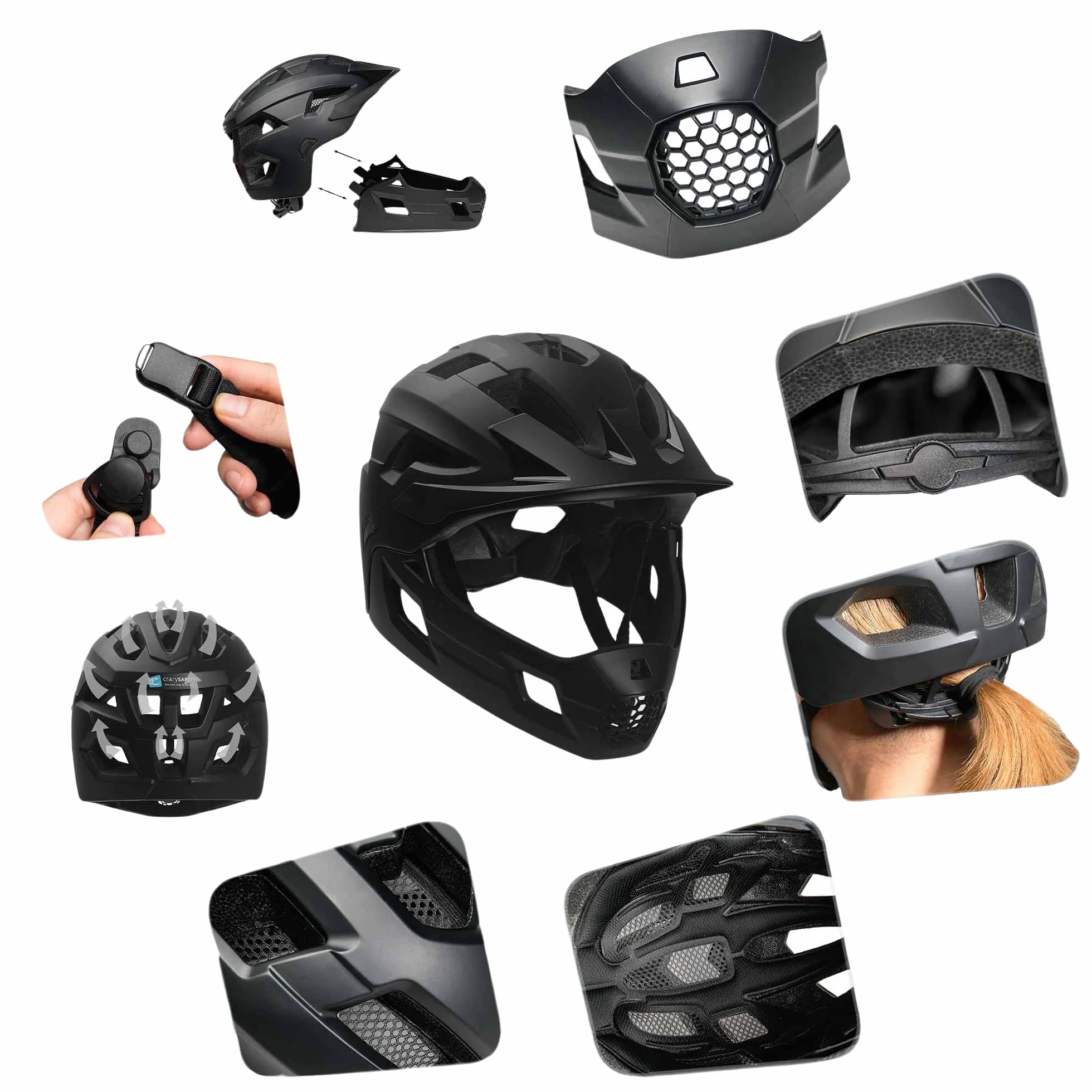 Crazy Safety Casco Bici Integral - Negro | para Bicicleta de montaña, BMX, monopatín | Casco Infantil 2 en 1 con mentonera Desmontable | Casco de Motocross Talla M 54-57 cm | Ligero y ventilado