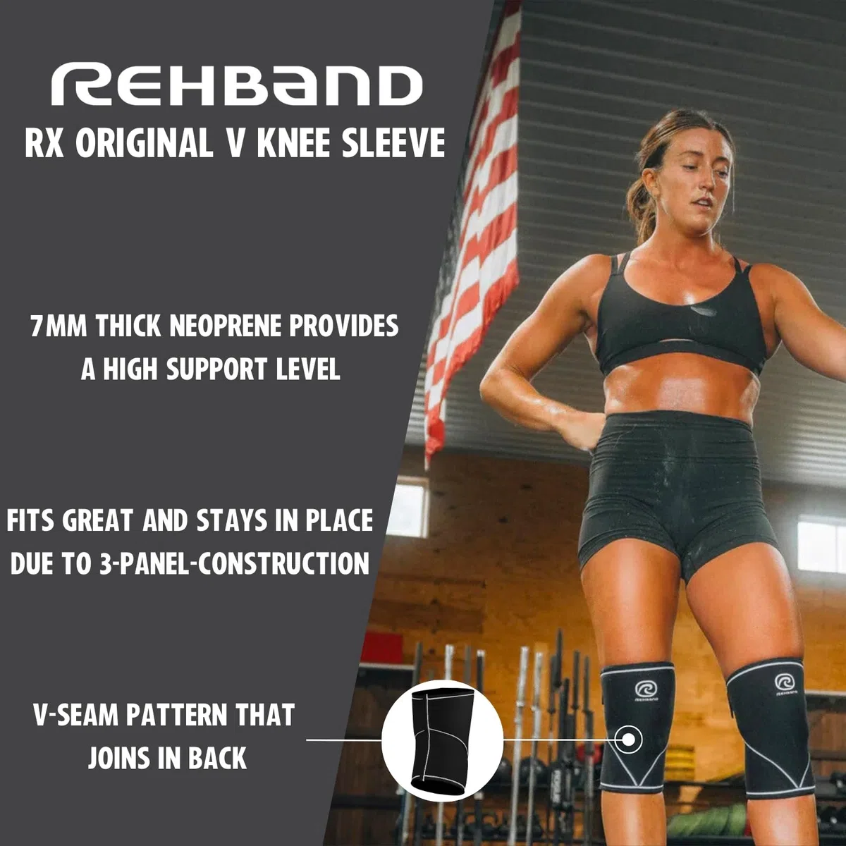 Rehband Classic V-Knee-Sleeve 7 mm para halterofilia, rodillera de powerlifting grado competición, manga de compresión para CrossFit, sentadillas y gimnasio, Color:Negro/Rojo - 1 Par, Talla:L