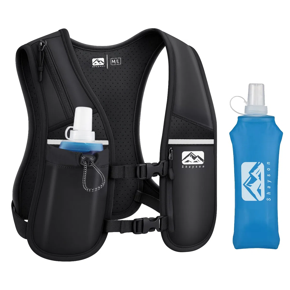Chaleco de Running Shayson para Mujer y Hombre con Botella de Agua de 500 ml incluida, Correas de Pecho Ajustables, Transpirable y Reflectante
