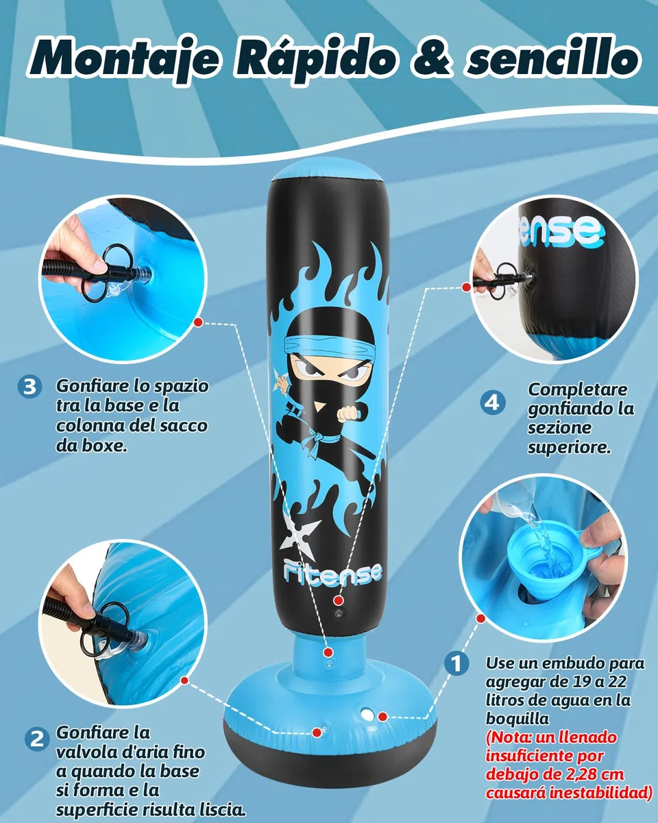 Fitense Saco de Boxeo Niños, 160cm Boxeo Saco Inflable con Guantes y Bomba, Punching Ball Estable para 3-12 Años, Set Regalo Saco de Boxeo de Pie para Práctica de Karate, Taekwondo, MMA,Ninja Azul