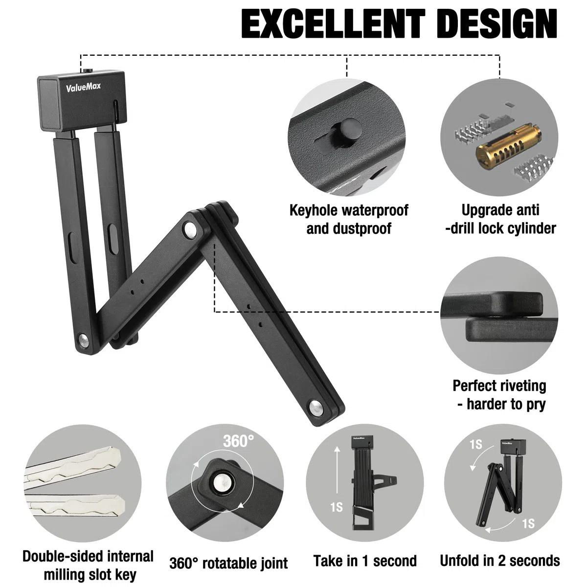 ValueMax Candado,Candado Plegable para Bicicleta, con Soporte, 1M Extendido, 22x7x2cm Plegado, Compacto Antirrobo Resistente Anti Corte y Práctico Negro