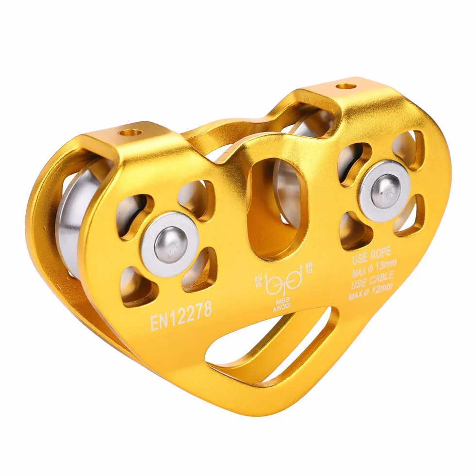 KIMISS Pulley para Escalada 30KN, Doble polea para tirolina y Rescate, Equipo Outdoor Resistente, Trolley para Cables, polea Dual de Acero (Oro)