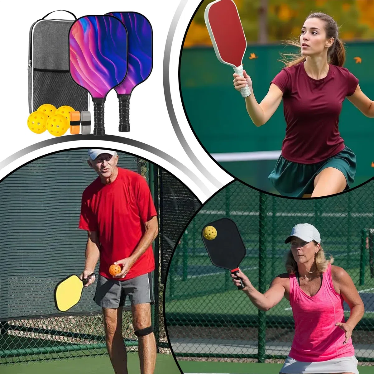 Paleta De Pickleball,Juego de 4 Paletas de Fibra de Vidrio | Palas Ergonómicas Ligeras de Fibra de Vidrio para Deporte en Casa Exterior Interior Ejercicio para Niños Niñas Hombres Mujeres