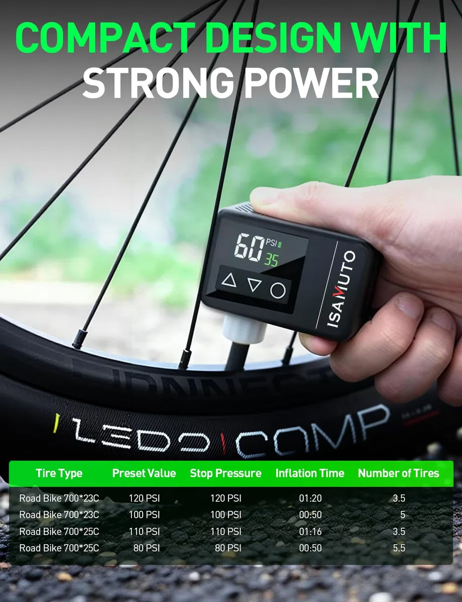 Inflador Eléctrico Bicicleta 120 PSI, Mini Compresor de Aire Portátil con Pantalla Digital, Bomba Bicicleta Recargable Compatible con Válvulas Presta y Schrader para Bicicleta MTB y Carretera