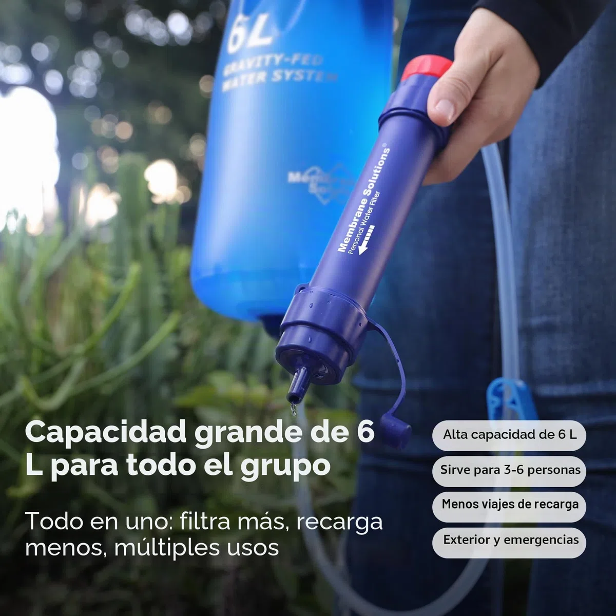 Membrane Solutions Sistema de Filtro de Agua Portátil por Gravedad, con Bolsa de Agua de 6L, Filtro de Agua Supervivencia, Elimina el 99,9999% de E.coli, para Emergencia, Camping, Senderismo