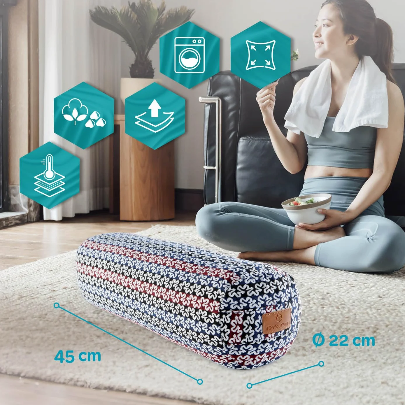Bolster Yoga Rodillo Krishna Yin Yoga 68 x 22 cm Relleno Espelta Orgánica Cubierta Algodón Lavable Cojín Zafu Yoga Rodilla Rulo Pilates