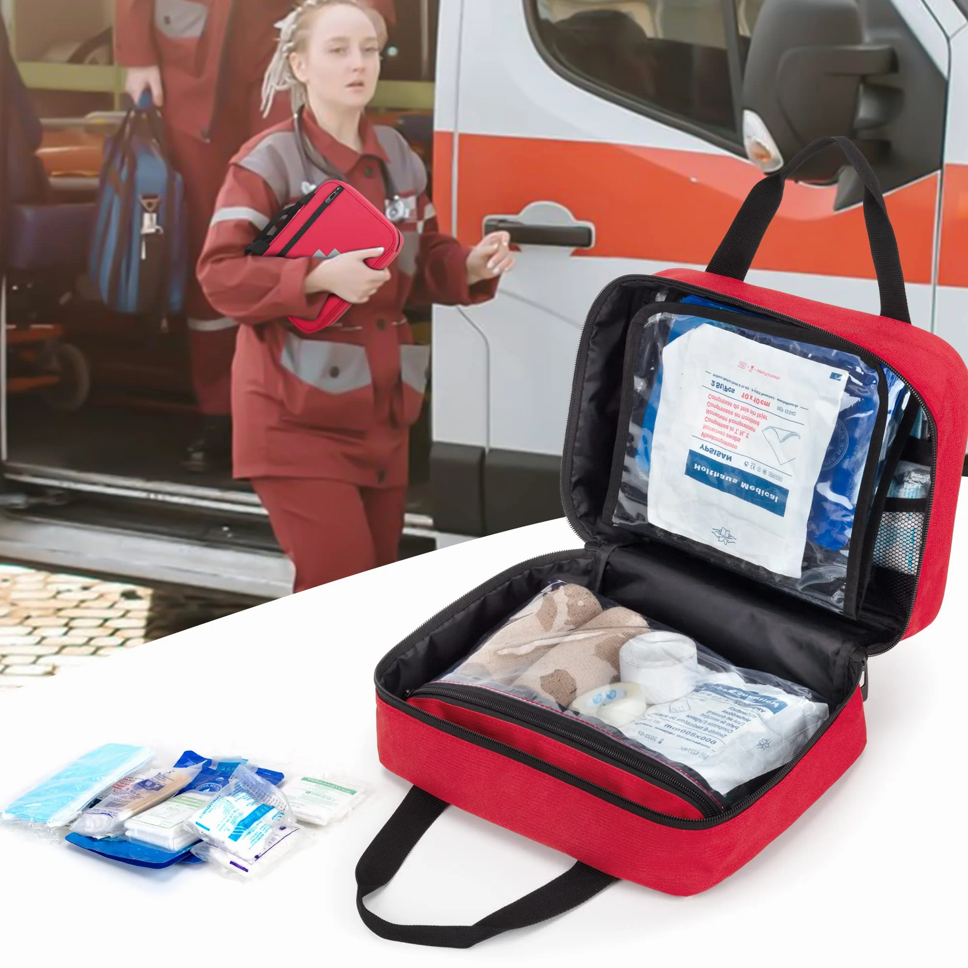 CURMIO Bolsa de Primeros Auxilios, Botiquín de Emergencia para Senderismo, Acampada, Coche, Viajes, Hogar y Exteriores, Bolsa Médica Vacía, Rojo