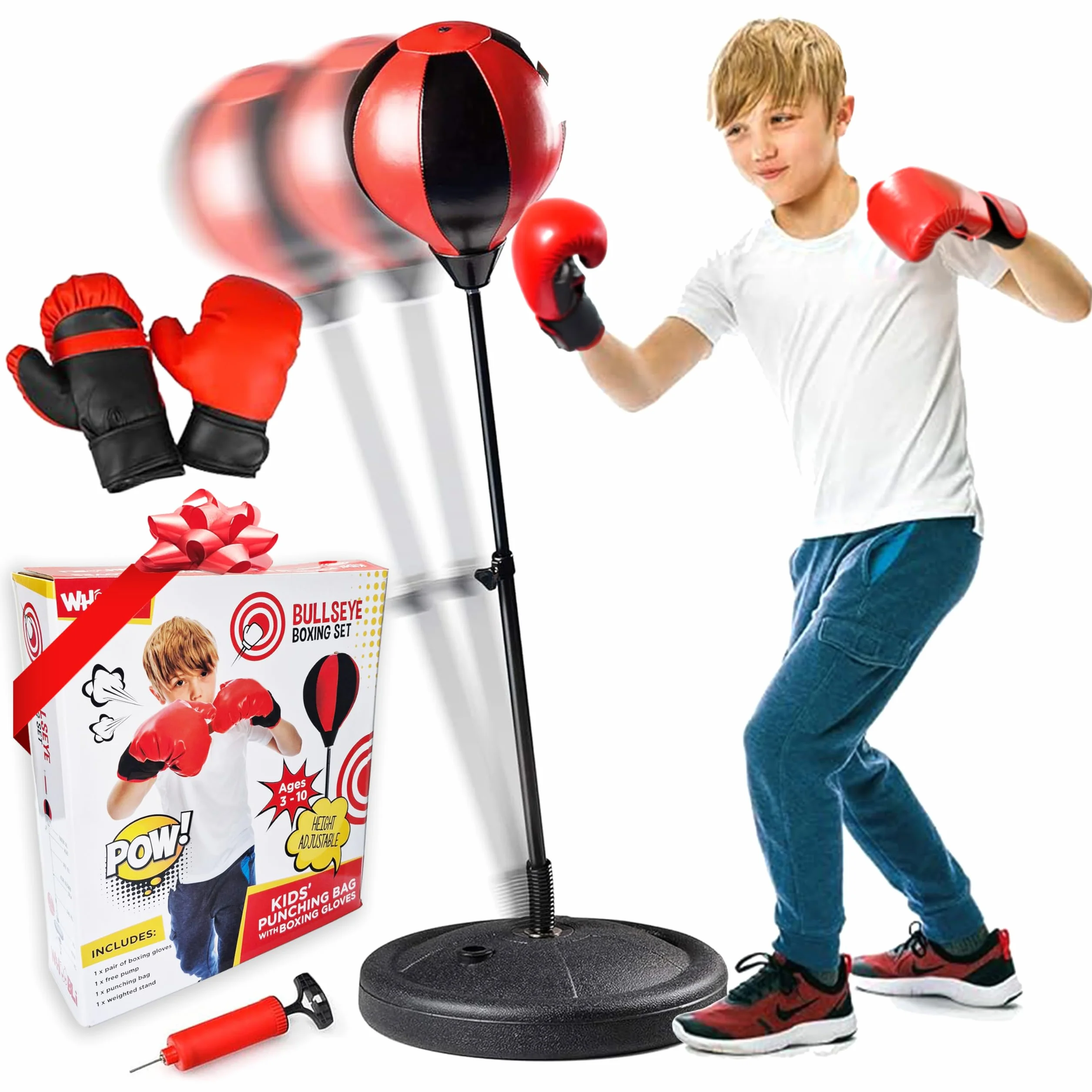 Whoobli Saco de boxeo para niños, incluye guantes de boxeo, saco de boxeo ajustable de 3 a 10 años con soporte, juego de bolsa de boxeo para niños y niñas (rojo negro)