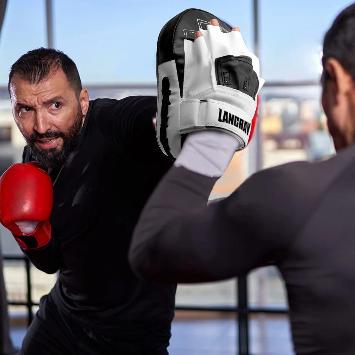 LangRay Guantes de Boxeo Curvados PU Cuero para Entrenamiento Kickboxing MMA