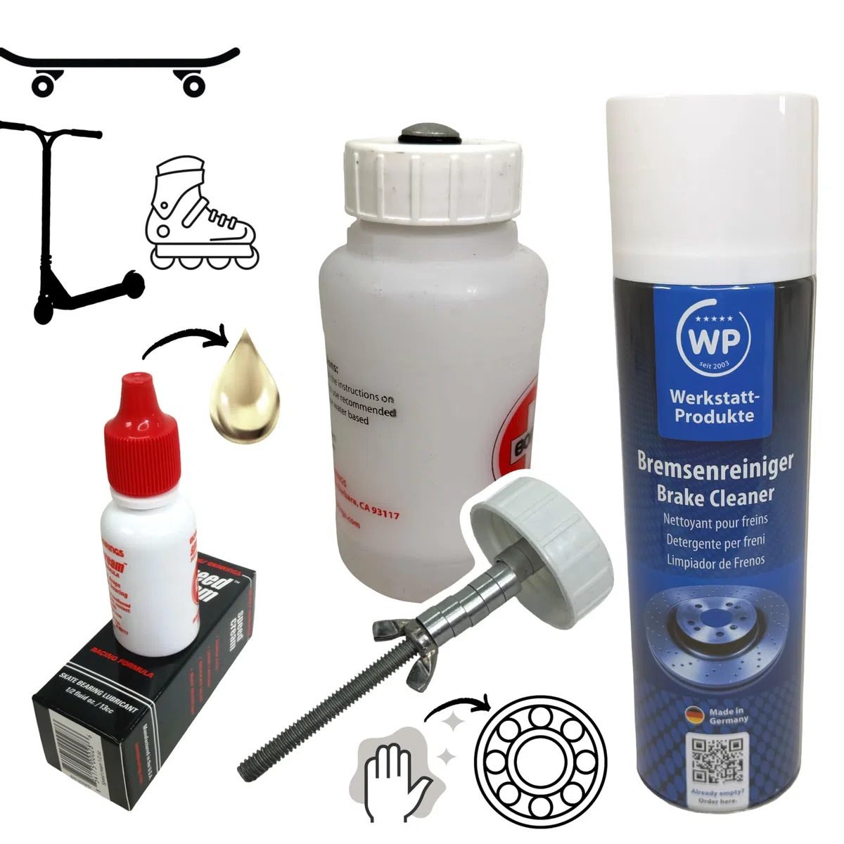 Limpiador de rodamientos de bolas de aceite Speed Cream Set de cuidado para rodamientos 608/627 Longboard I Stunt-Scooter I Skateboards I Patines I Patines I Inliner, limpieza, servicio, cuidado
