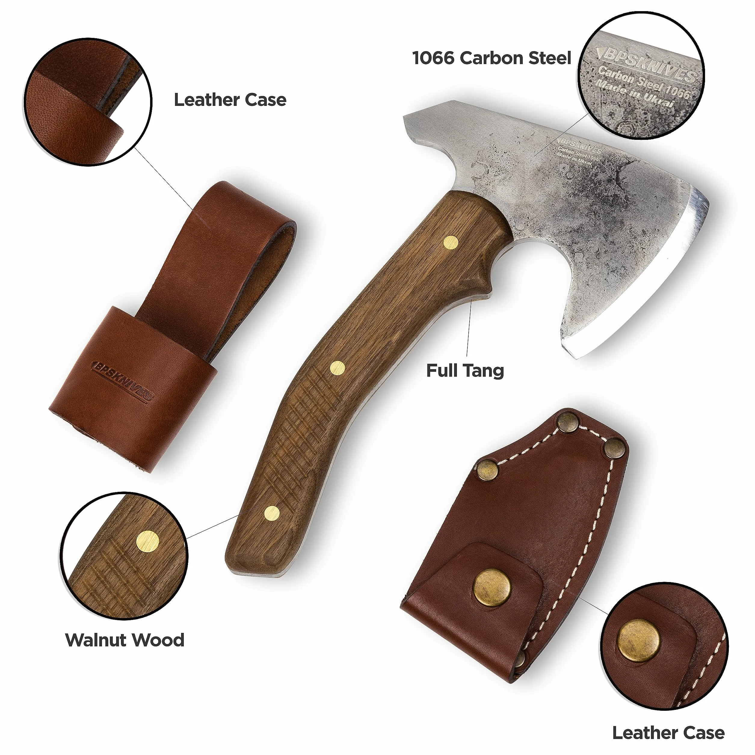 BPS Knives Hacha Bushcraft con Funda de Cuero - Hacha de Camping de Acero al Carbono con Mango de Una Pieza