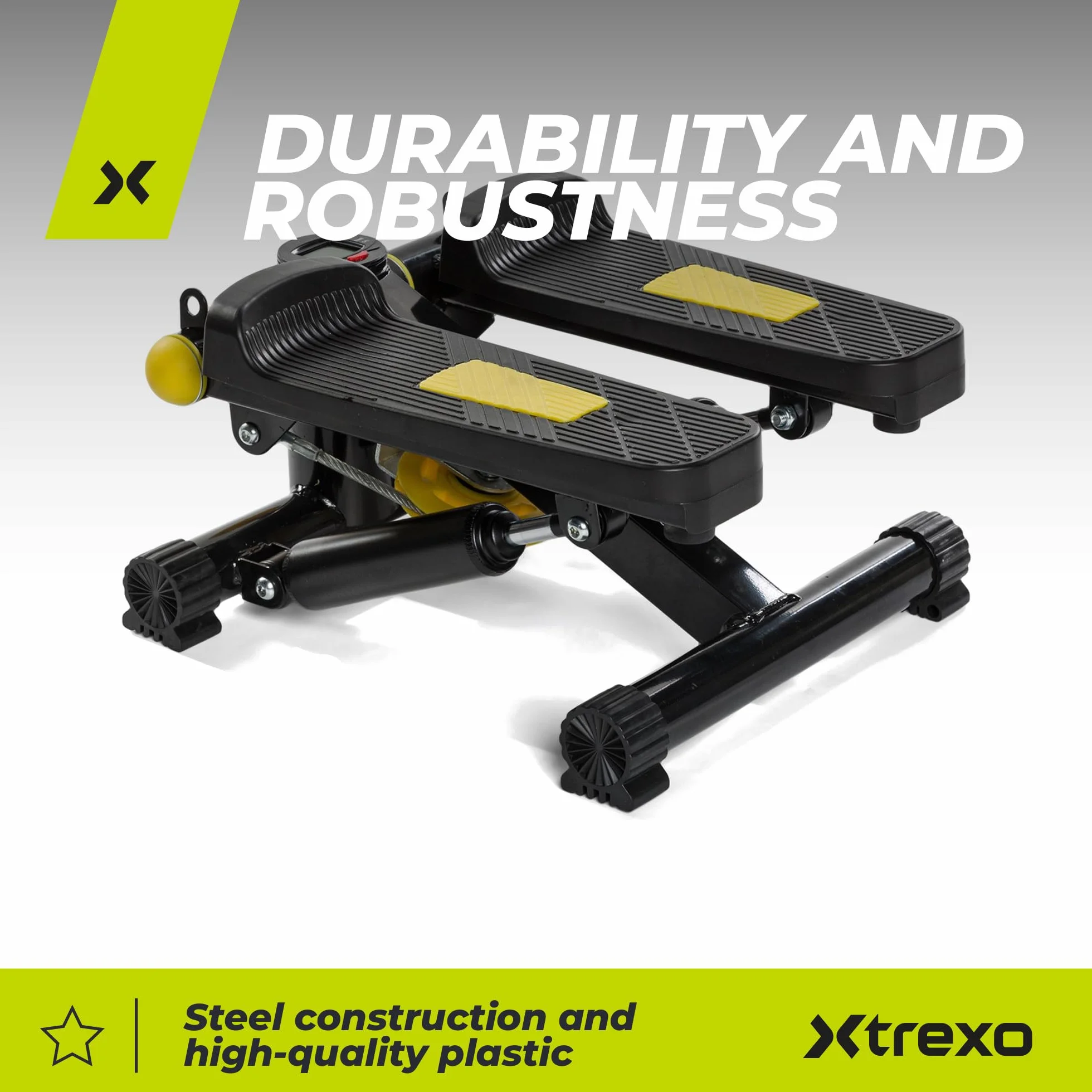 TREXO Stepper para Entrenamiento en casa Fitness Cardio Altura de los Pedales y Resistencia Ajustables Pantalla Fácil de Leer Cables Resistentes Capacidad de Carga hasta 100 kg Negro/Amarillo