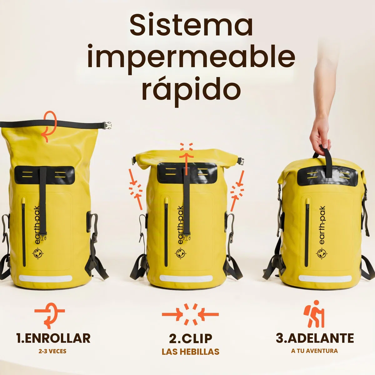 Earth Pak Mochila impermeable con cierre enrollable, bolsillo frontal, panel trasero acolchado y funda para teléfono