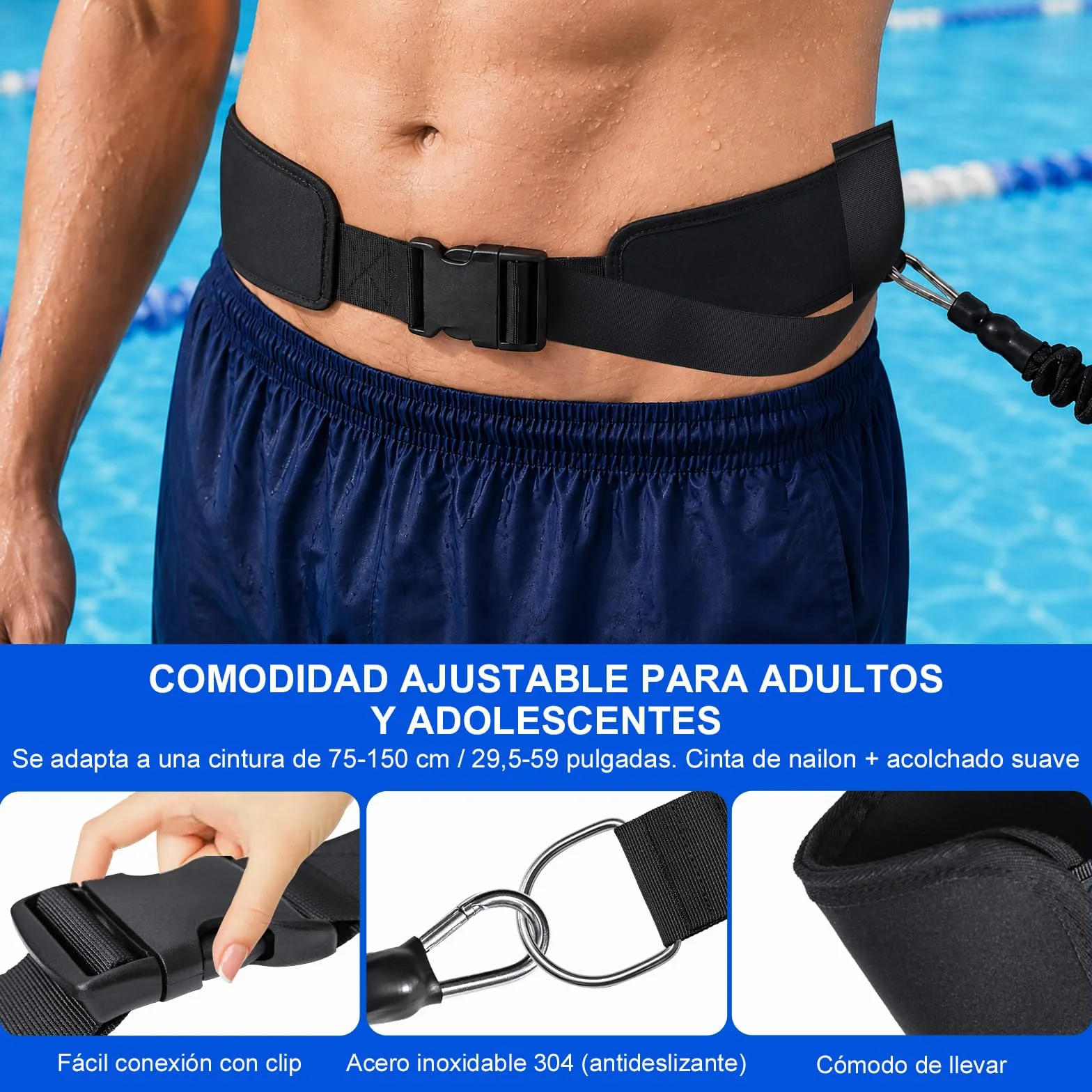 Cinturón de natación para piscina, ayuda de natación para adultos, resistencia ajustable 2,5-7,5 m