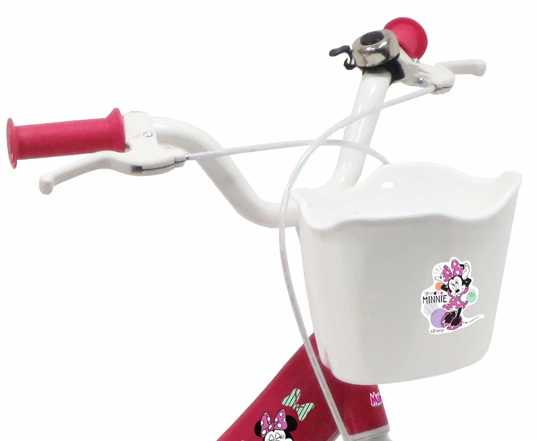 Bicicleta Infantil de 14 Pulgadas, niña Minnie/Disney Equipada con 2 Frenos, Soporte Trasero para muñecas, Cesta Delantera y Casco incluidos