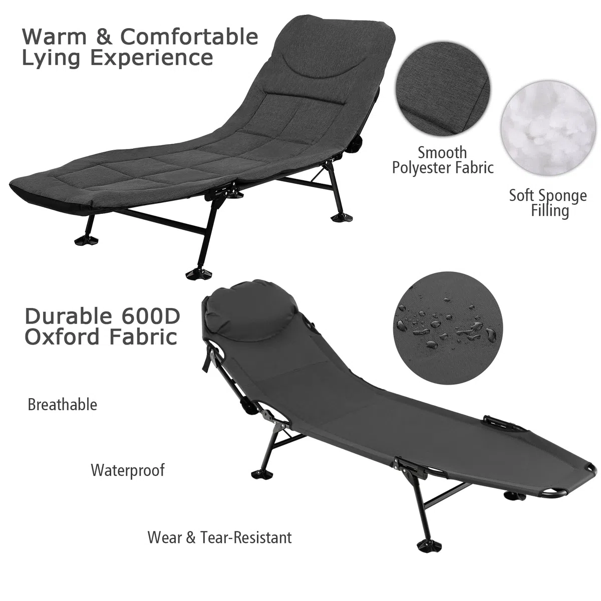 KOMFOTTEU Cama de Camping Plegable, Tumbona Portátil Reclinable de 6 Posiciones, Tumbona de Pesca con Colchón Extraíble y 6 Patas, Carga 200 kg, para Viaje, Acampar, 194 x 69 x 29 cm