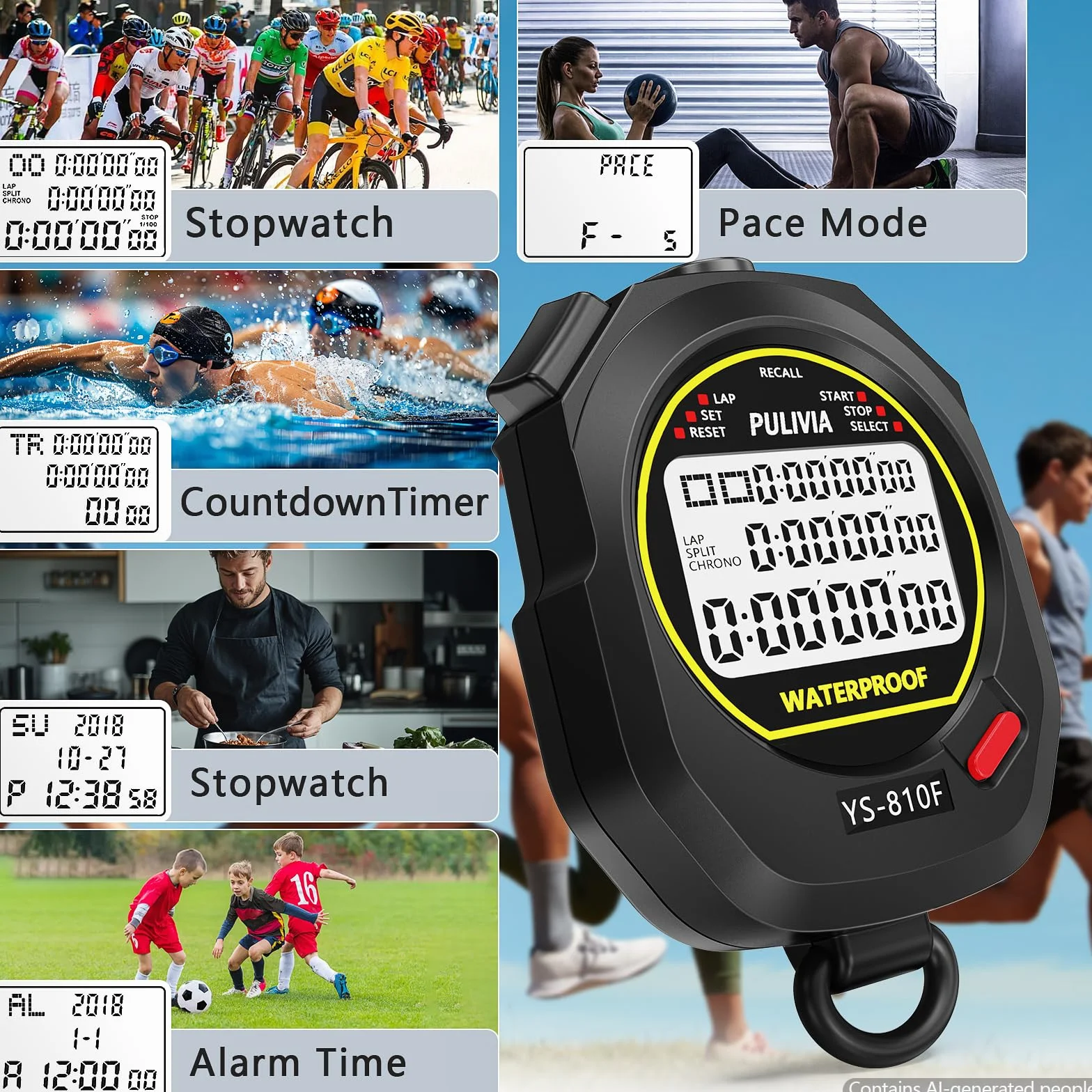 Cronómetro Deportivo Resistente al Agua, 10 Vueltas/Fracciones Temporizador Cuenta Regresiva, Alarma y Calendario, Pantalla Grande, Ideal para Entrenadores, Natación, Entrenamiento Deportivo