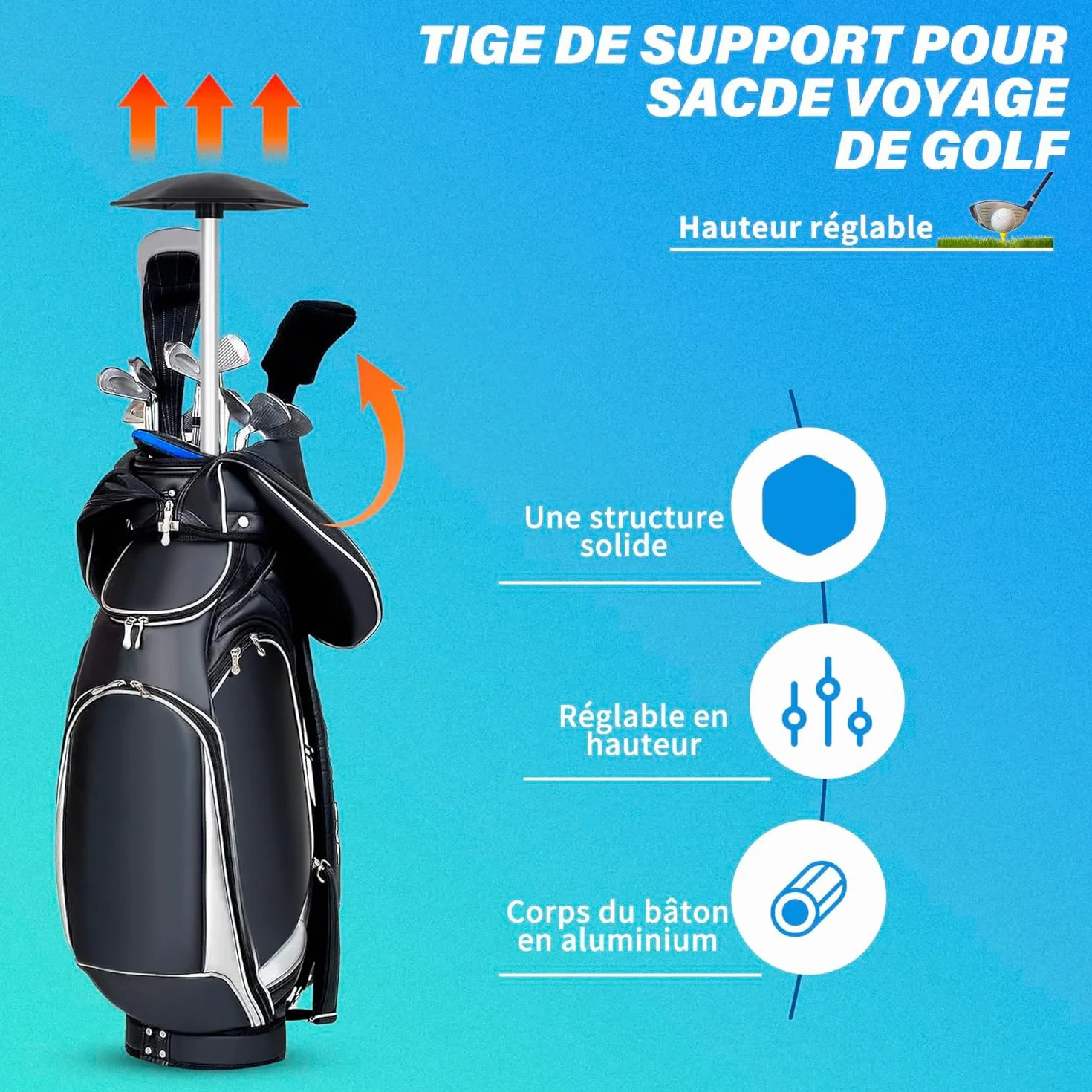 OUUTMEE Barra de apoyo para bolsas de golf de aluminio hexagonal resistente al impacto