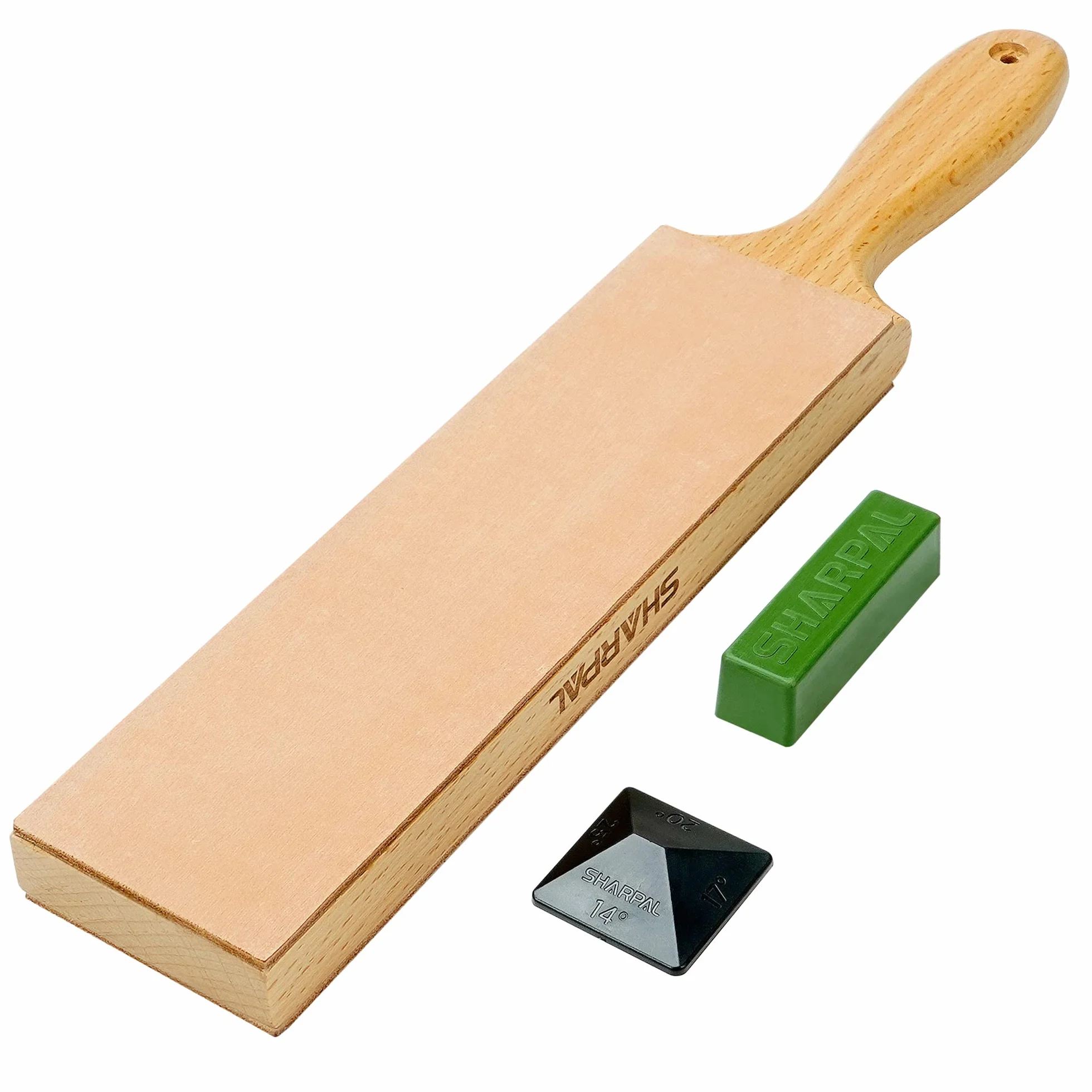 SHARPAL 205H Kit de gamuza de cuero de doble cara (330 x 60 mm) con 53g de pasta de pulir y guía de ángulos, bloque de gamuza para afilar y pulir cuchillos, Afilador de cuchillos profesional