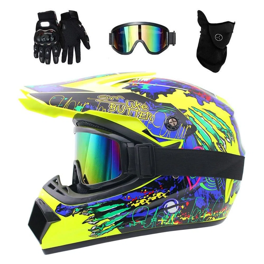 Juventud Niños MTB Casco de Motocross Colocar, con Guantes Gafas Mascarilla, Unisexo Integrales ATV Todoterreno Calle Moto Cascos, Descenso Enduro Quad Dirt Bike Chocar Casco