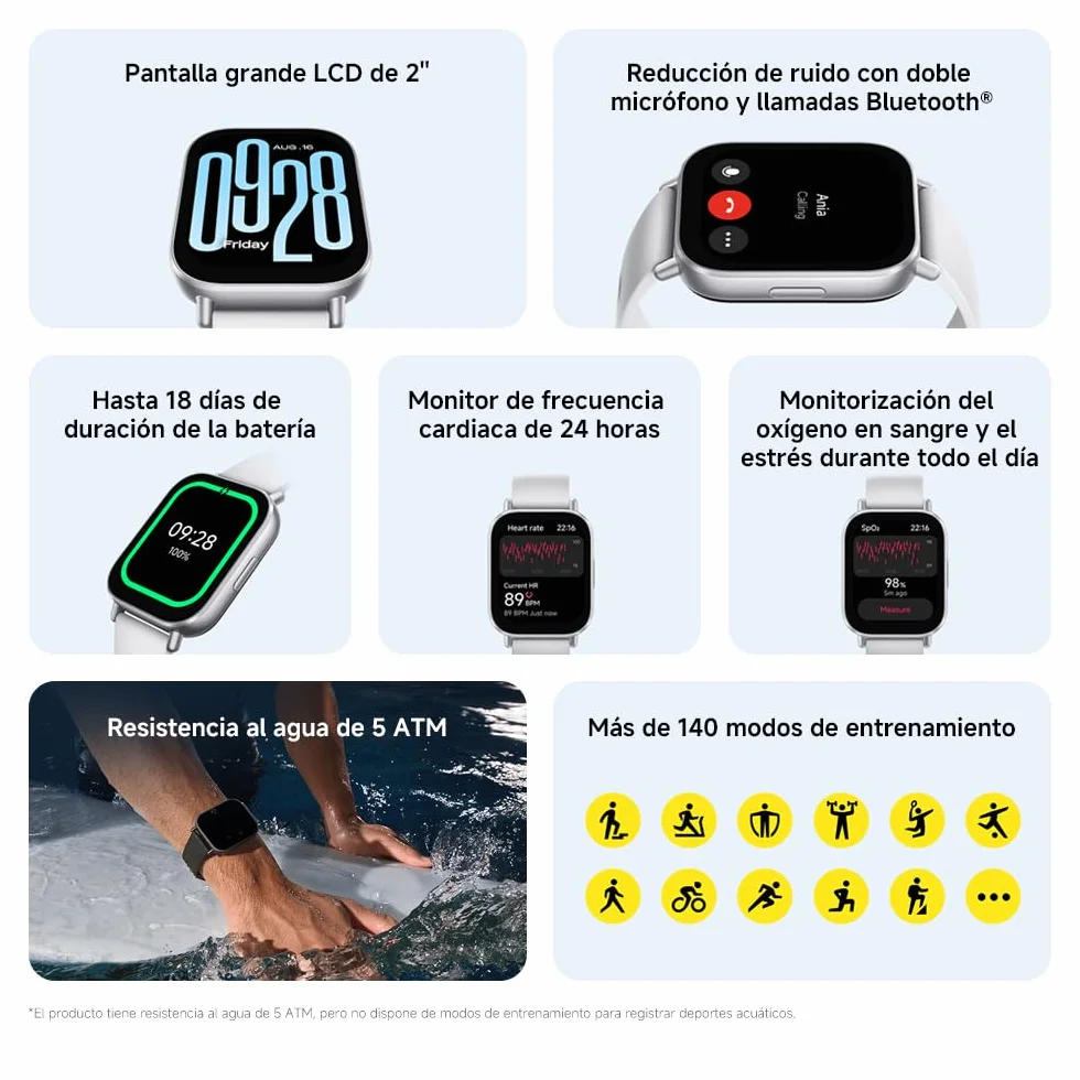 XIAOMI Redmi Watch 5 Active, Llamadas Bluetooth, Pantalla LCD 2 Pulgadas, Monitor Frecuencia Cardíaca, 140 Modos Deportivos, Negro