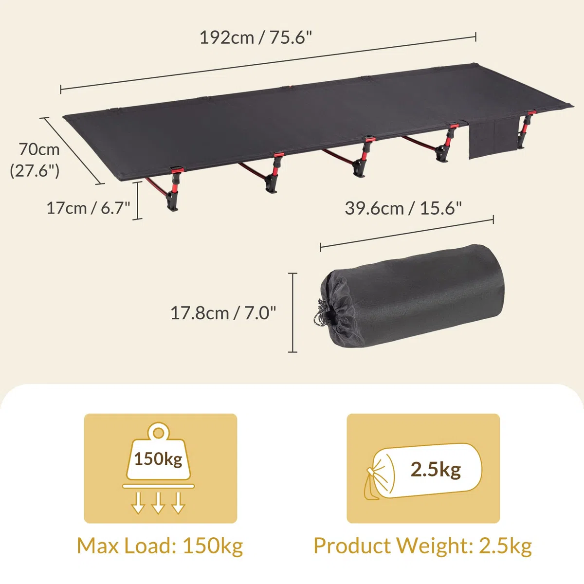 Leogreen Cama Plegable Compacta, Ultraligera Portátil Fuerte y Resistente, 192 x 70 x 17cm, Carga máxima 150 kg, para Camping, Playa, Viajes, Escalada