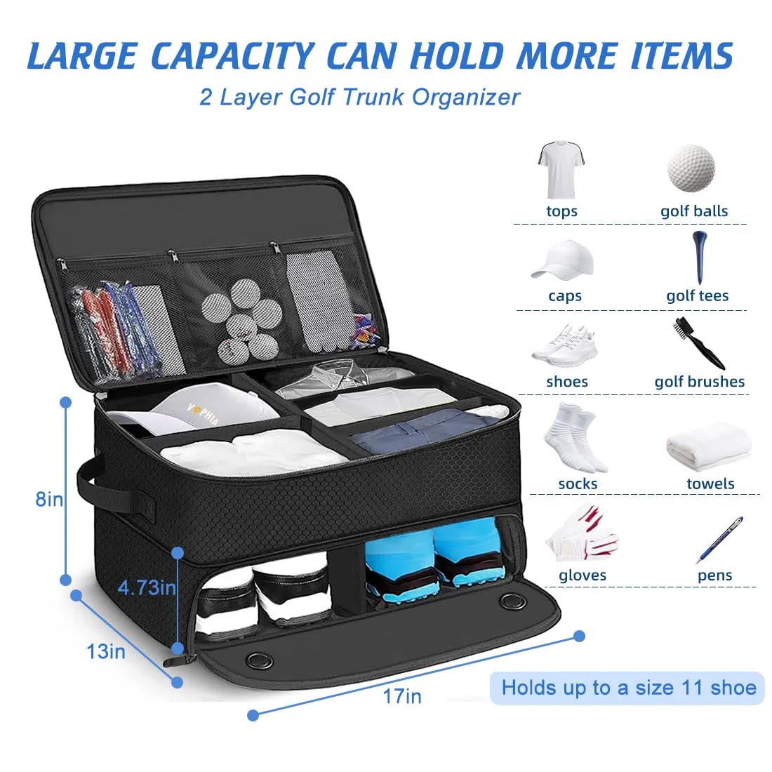 VOPHIA Organizador de Maletero de Golf de 2 Capas con Compartimento Separado para 2 Pares de Zapatos, Almacenamiento de Pelotas, Impermeable para Guardar Accesorios de Golf, Plegable y Plegable para