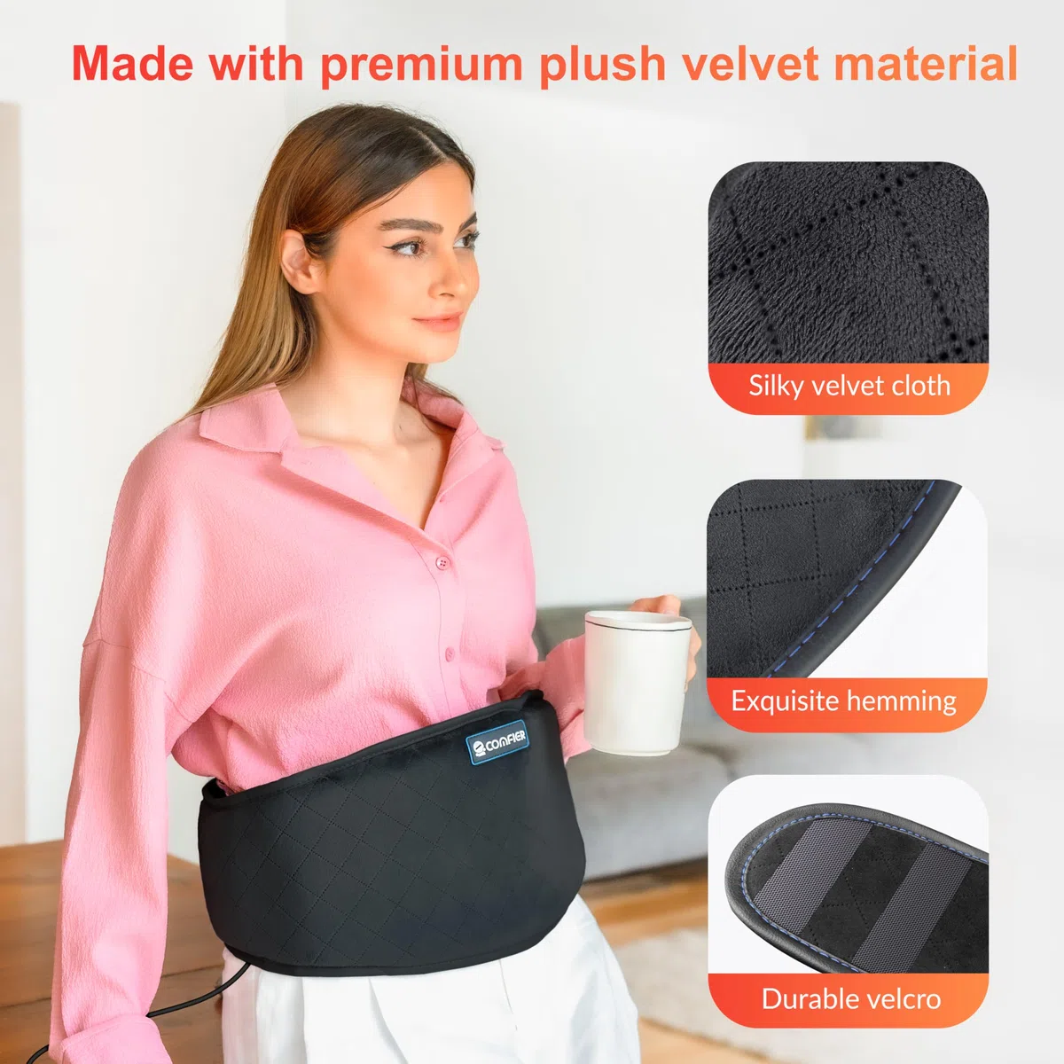 COMFIER Cinturón térmico con vibración para espalda, 147 x 22 cm, con 2 niveles de calor y 3 modos de masaje, almohadilla eléctrica con apagado automático