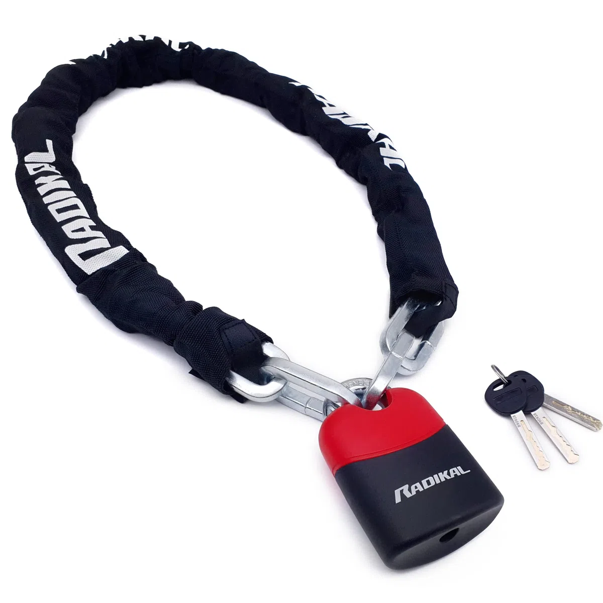 ‎RADIKAL RK4120 Candado Moto Cadena Antirrobo, Acero cementado alta seguridad ø10, Candado Bici Eléctrica, Cadena Seguridad Garaje Anclaje, Cadena Antirrobo Moto, Scooter Bicicleta, 120cm