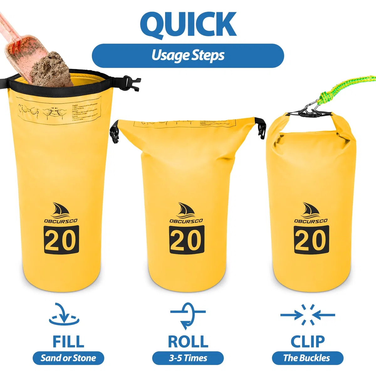 Obcursco - Kit de Anclaje para Moto acuática de 20 L, Anclaje PWC 2 en 1 para Bolsa de Arena para Flotador con boya Ajustable, Anclaje de Saco de Arena PWC para Jetski, Kayak, Seadoo, Tabla de Remo